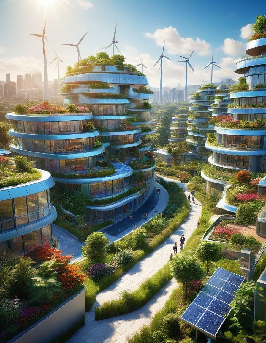 A futuristic cityscape powered by renewable energy, featuring solar panels and wind turbines integrated into modern architecture. Lush greenery and urban gardens are visible on rooftops, while people engage in eco-friendly activities. The sky is clear with a bright sun casting light on the vibrant atmosphere, symbolizing hope and innovation in sustainable living. super-realistic. vibrant colors. 3D.