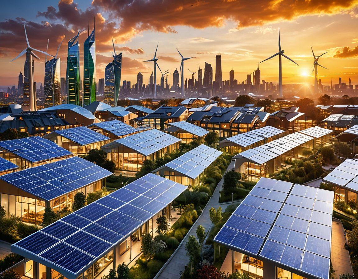 A futuristic city skyline showcasing renewable energy solutions, such as solar panels on modern buildings and wind turbines on rooftops, intertwined with green spaces and vibrant gardens. The scene should radiate a sense of harmony between technology and nature, illuminated by a bright sun setting on the horizon. People of diverse backgrounds engaging with sustainable energy technologies in a bustling urban environment. vibrant colors. super-realistic.